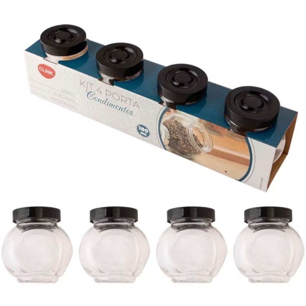 Porta Condimentos de Vidro Com Tampa de Plástico Preta 4 Peças 180mL Clink