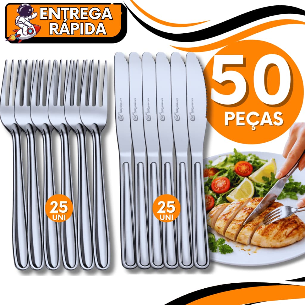 KIT Jogo 50 Talheres Mesa em Inox  25 Facas + 25 Garfos Duráveis para Casa, Festas Utilidades Qualidade