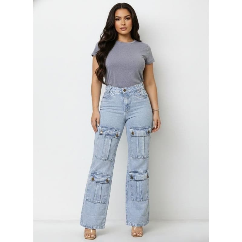 Calça Cargo Feminina Jeans com 4 Bolsos-Cintura-Jeans Utilitária-Moda Blogueira-Fotos Reais