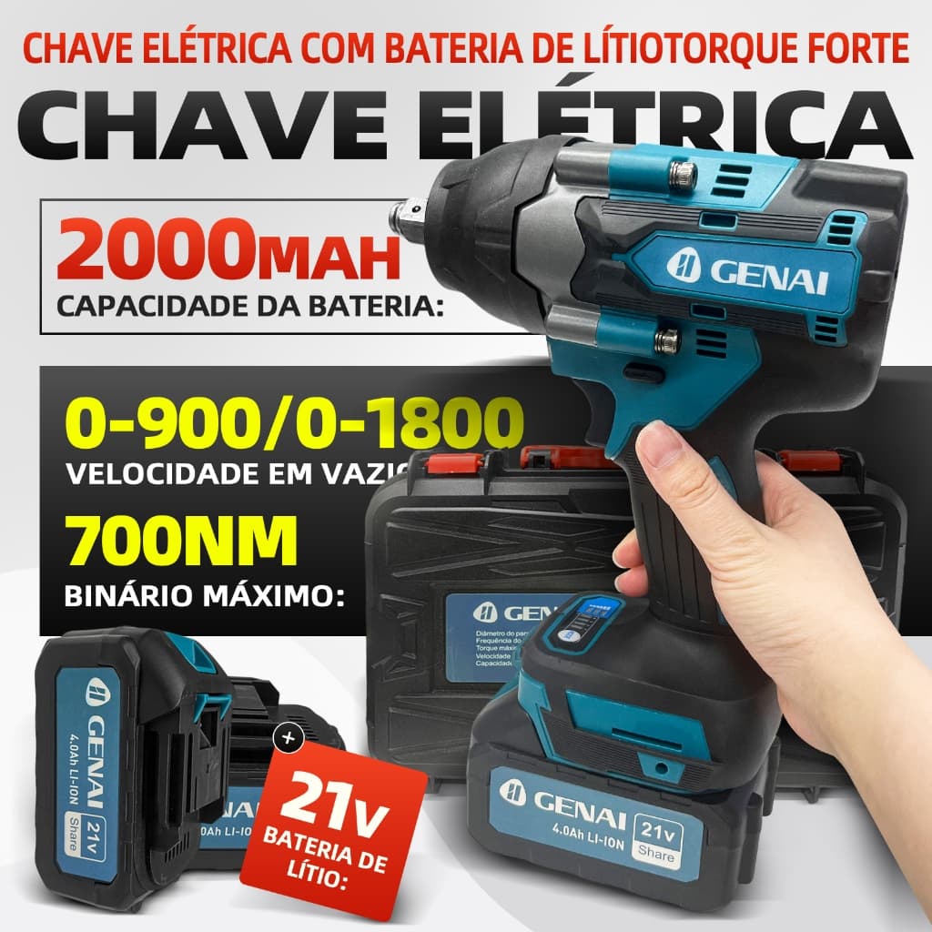 【GENAI】Chave de Impacto 21V sem Escovas Furadeira de Impacto Portátil com 2 Baterias 700N.M