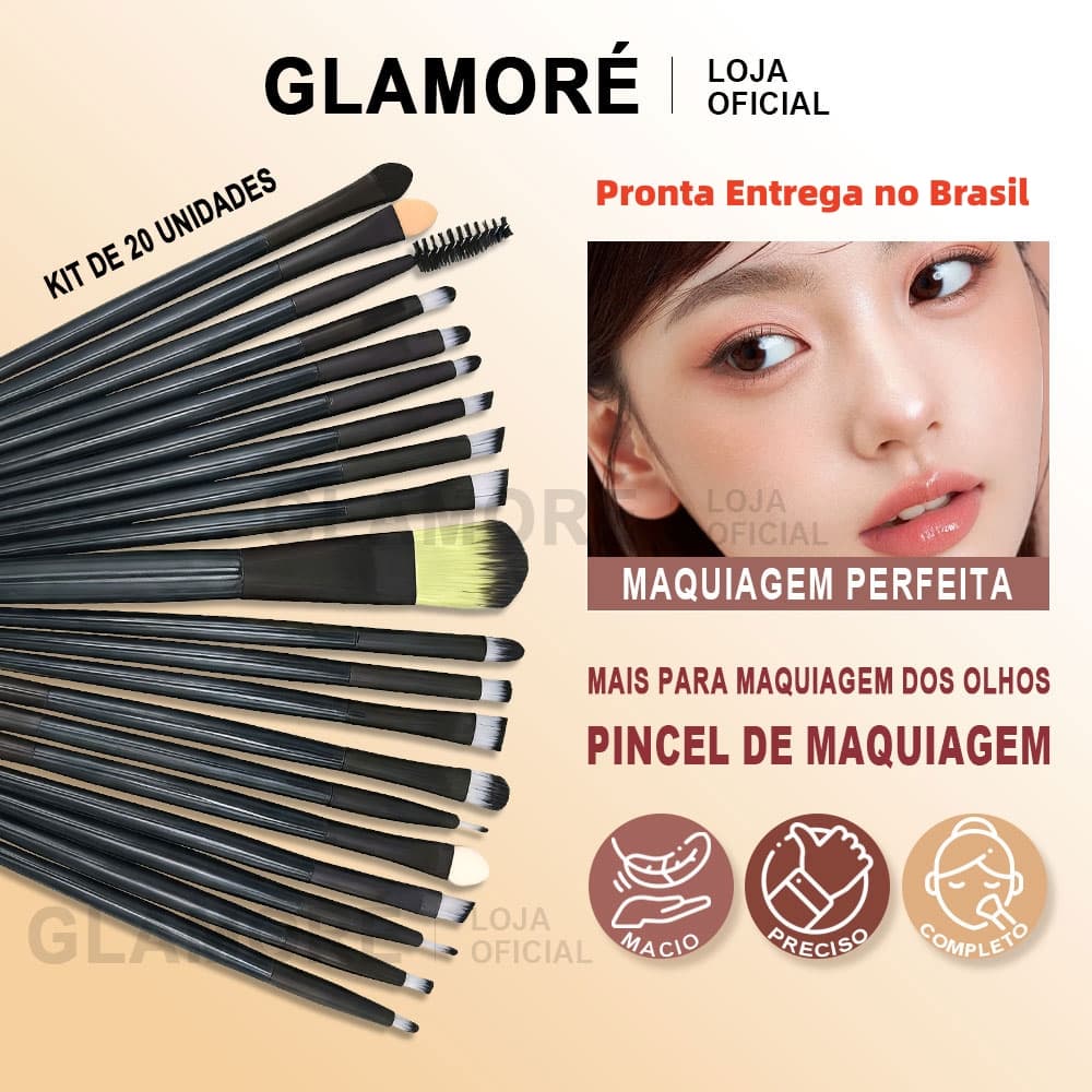 Kit 20 Pincéis de Maquiagem Profissional Completo Rosto e Olhos Macio Premium