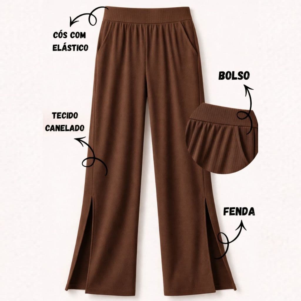 Calça Pantalona Cintura Alta Feminina Wide Leg Moda Casual Com Fenda Lateral e Bolso Canelado