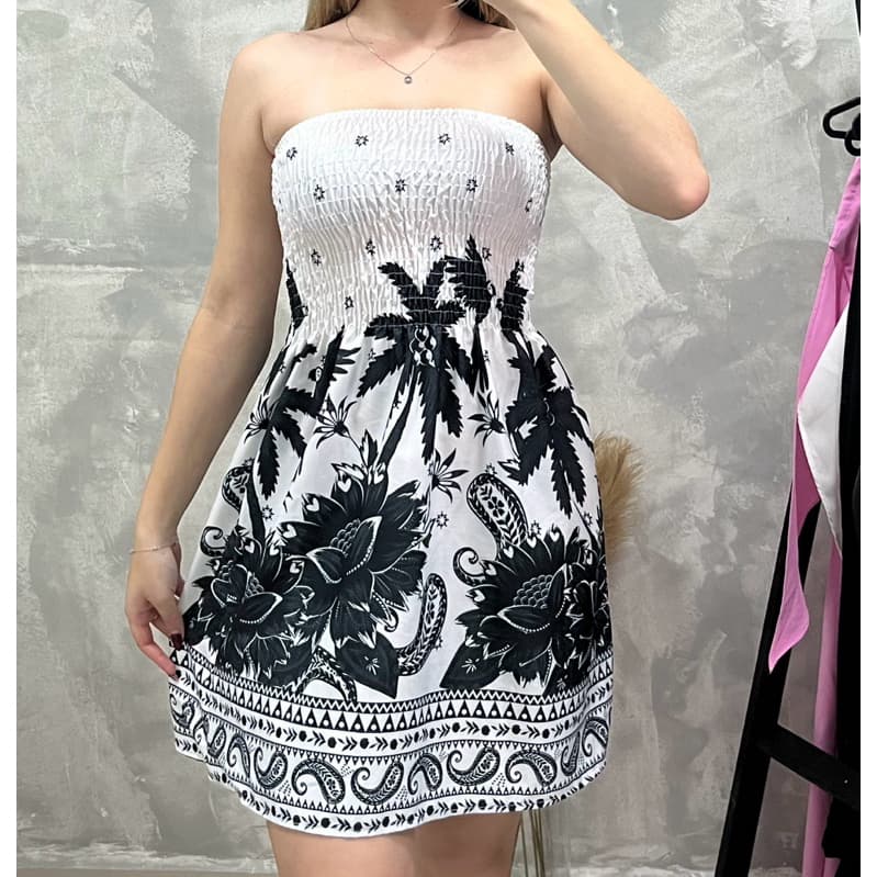 Vestido curto tomara que caia com elastex estampa tropical verão
