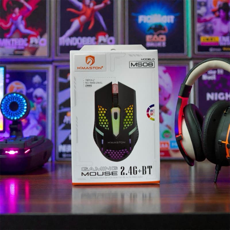 Mouse Gamer Sem Fio H’Maston MS08 – 2.4G + Bluetooth RGB Recarregável