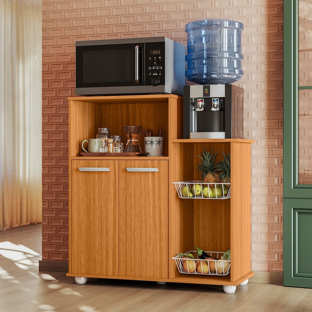 Balcão Fruteira Multiuso Sollys 2 Portas Nicho e Suporte Micro-ondas com Cesto de Metal