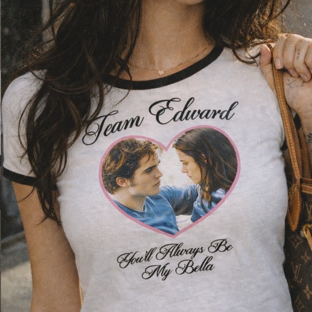 Camisa Feminina Baby Tee Crepúsculo Team Edward e Bella T-shirt Vintage Y2K estética BabyLook