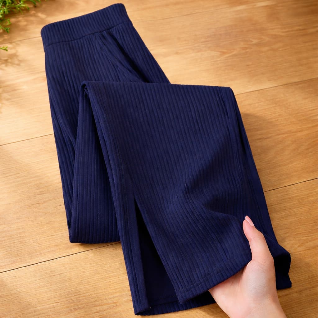 Calça Pantalona Feminina Cintura Alta Wide Leg Canelada com Fenda Lateral e Bolso – Moda Casual