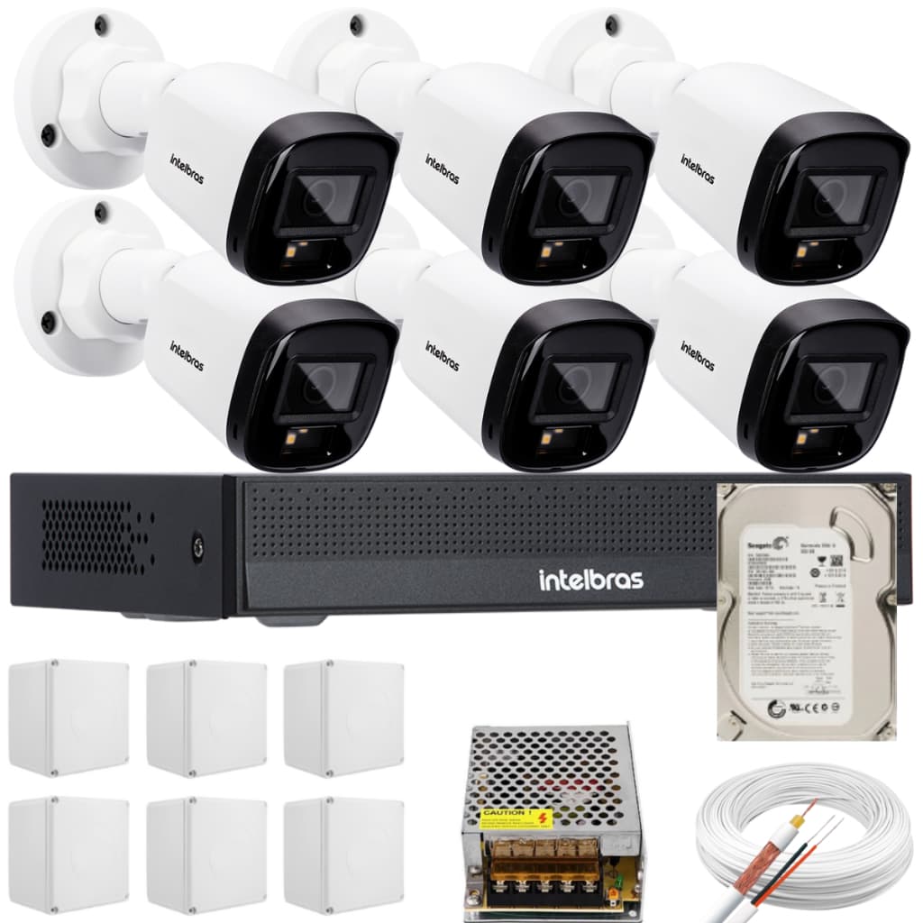 Kit 6 Cameras Full color Intelbras Bullet VHD 1220b Dvr 1208 8 canais App 6 Câmeras