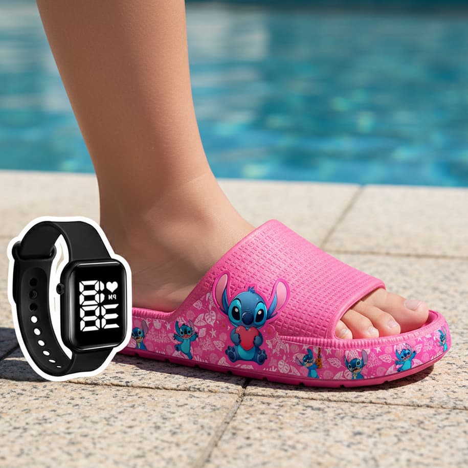 KIT Chinelo Pala Slide Sandália Papete Nuvem Infantil  Menina Desenhos Confortavel e Leve + RELÓGIO