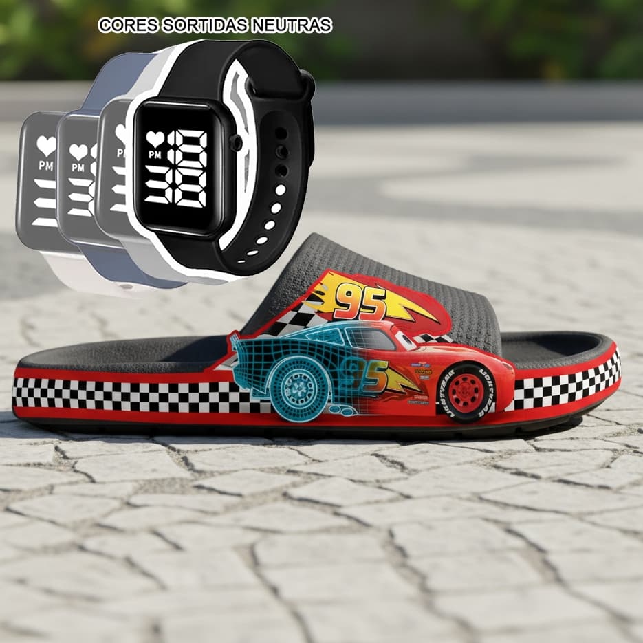 KIT Chinelo Pala Slide Nuvem Infantil Juvenil Menino Sandália Desenhos + RELÓGIO SORTIDOS