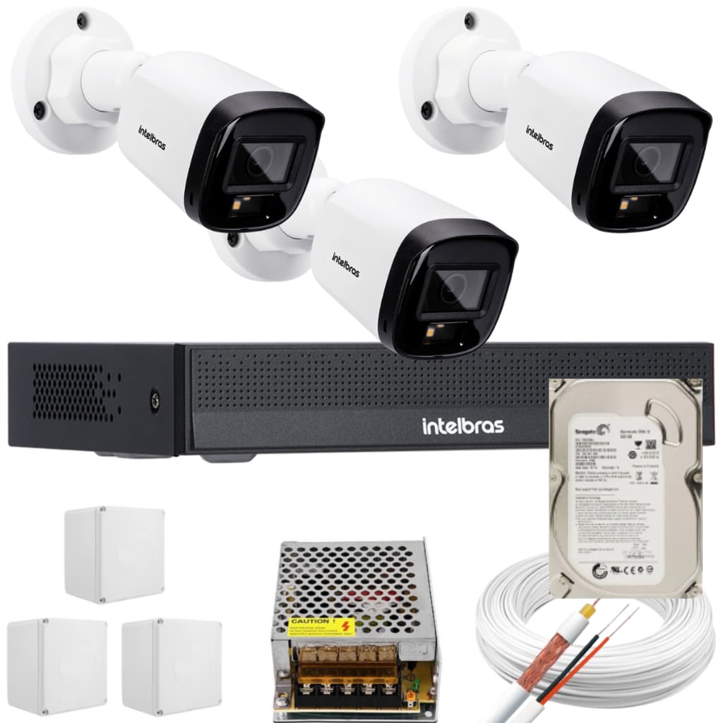kit 3 câmeras intelbras full color visao noturna vhd 1220b dvr 1204-c 4 canais hd 500gb