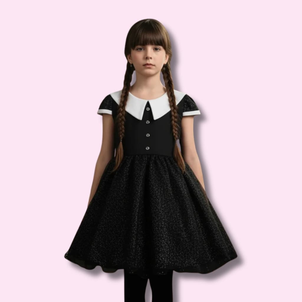 Vestido Juvenil Curto Wandinha Temático Hallowwen Festa Preto