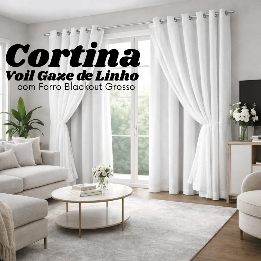 Cortina Voil Gaze de Linho 3,00 x 2,30/2,40/2,50/2,60/2,80 c/ Forro Blackout Grosso
