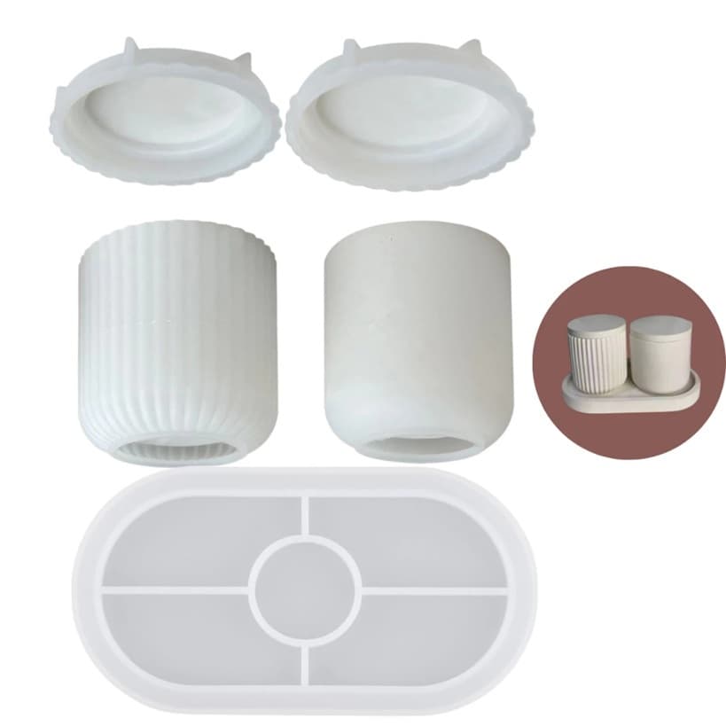 Kit Moldes de Silicone Pote Multifuncional com Tampa e Bandeja Oval para Artesanato Cimento Gesso