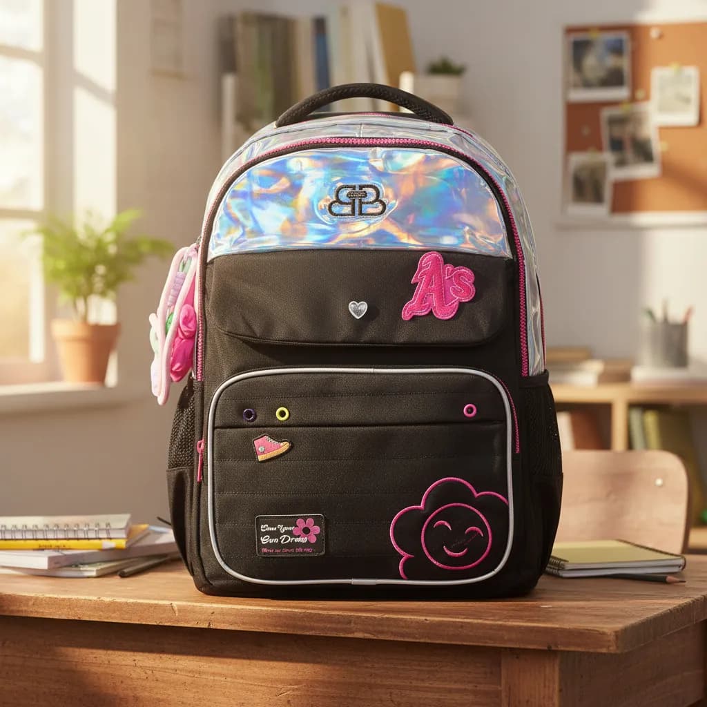 Mochila Detalhe Holográfica Escolar Faculdade Passeio Feminina