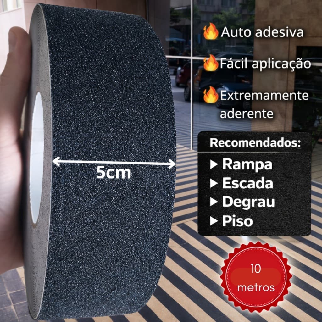 Fita Antiderrapante Preta 10 Metros para Escada, Rampa, Piso e Degrau – Segurança Alta Aderência Adesiva Evita Quedas nf