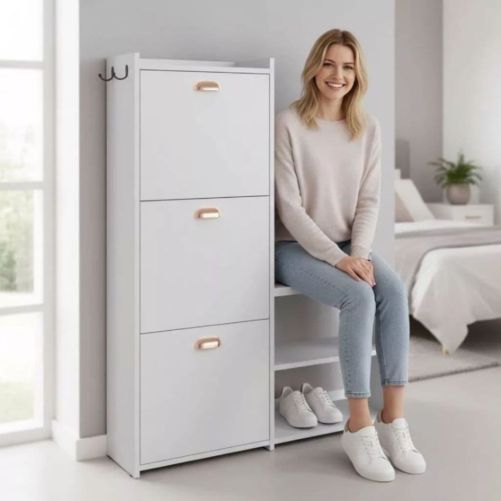 Sapateira Moderna 3 Portas Basculantes Com e Sem Banquinho Prateleira Organizadora Vertical