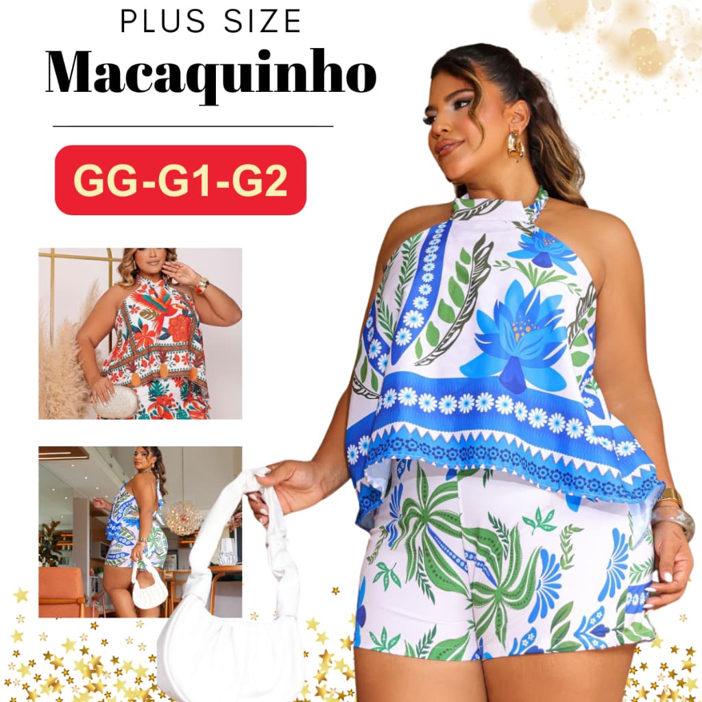 Macaquinho Plus Size Soltinho Short + Blusa Disfarça Barriga Estampado Verão Leve Tendencia Novidade Fashion
