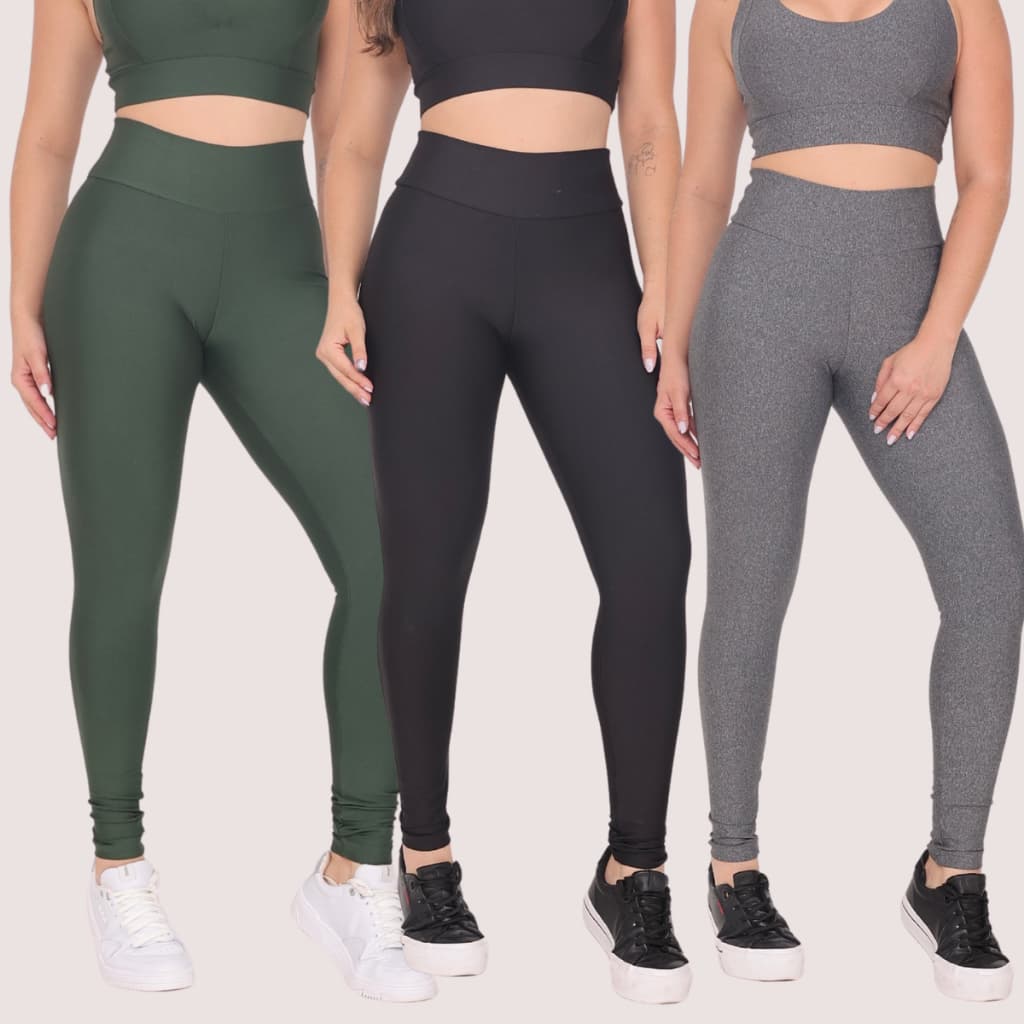 Kit 3 Calças Legging Feminina Para Academia Cos Alto E Duplo