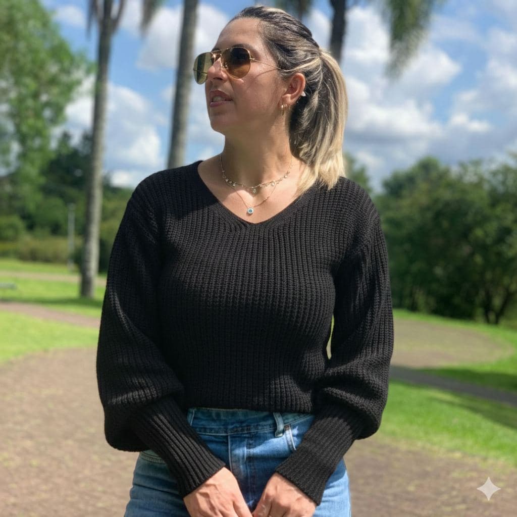 Blusa de Frio Feminina Em Tricot Gola V Moda Blogueira Tendencia Inverno 2026 Manga Bufante Estilosa