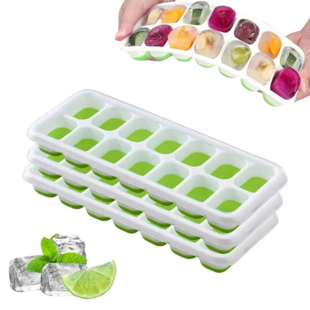 Forma de Gelo Silicone Retangular com Tampa 14 cubos Multiuso Azul Rosa Verde Fundo Flexível Lavável