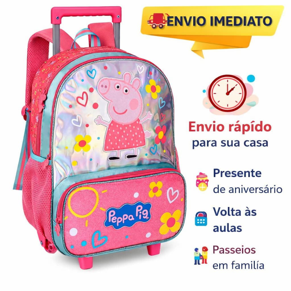 Mochila com rodinha Escolar Infantil Peppa Pig Rosa Origina e Costas Meninas Clio