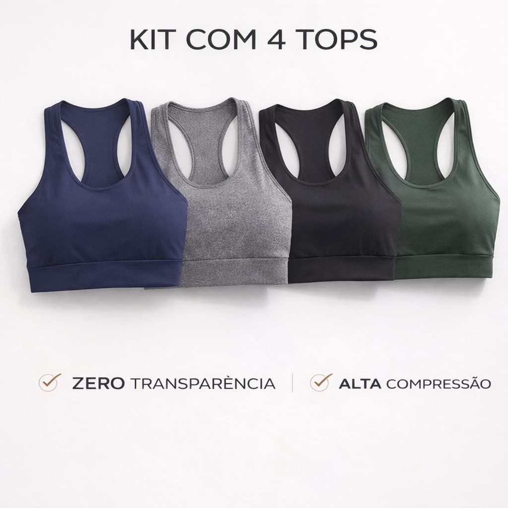 Kit 4 Tops Alta Sustentação Academia Zero Transparência sem bojo