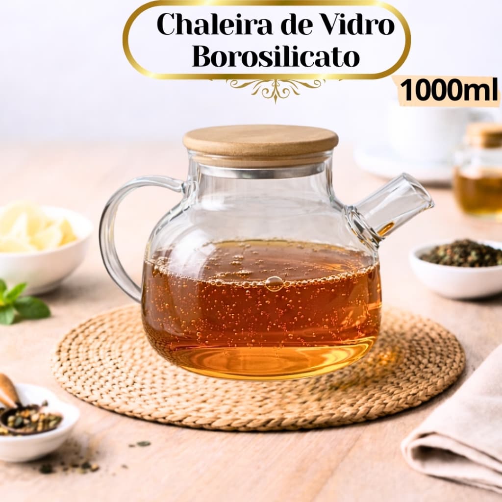 Chaleira ou Jarra de Vidro Borissilicato Vai ao Fogo 1,000ml ou 1,200ml Tampa de Bambu
