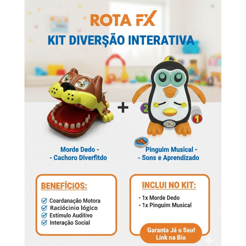 Kit Diversão: Pinguim Didático  bate asa + Cachorro Morde Dedo sorte brinquedo infantil interativo educativo