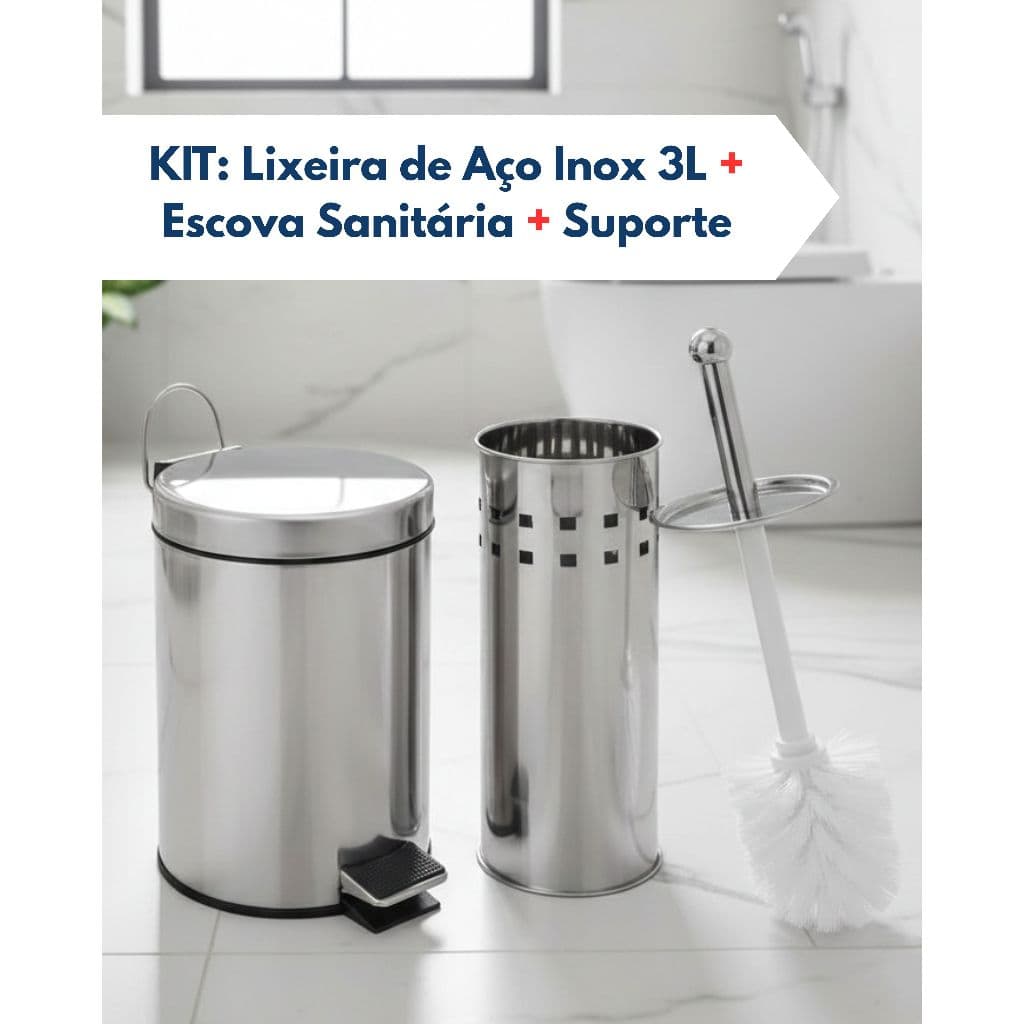 Kit Lixeira Inox Pedal Cesto De Lixo + Escova Sanitária Inox Kit Lavabo Lixeira de Banheiro