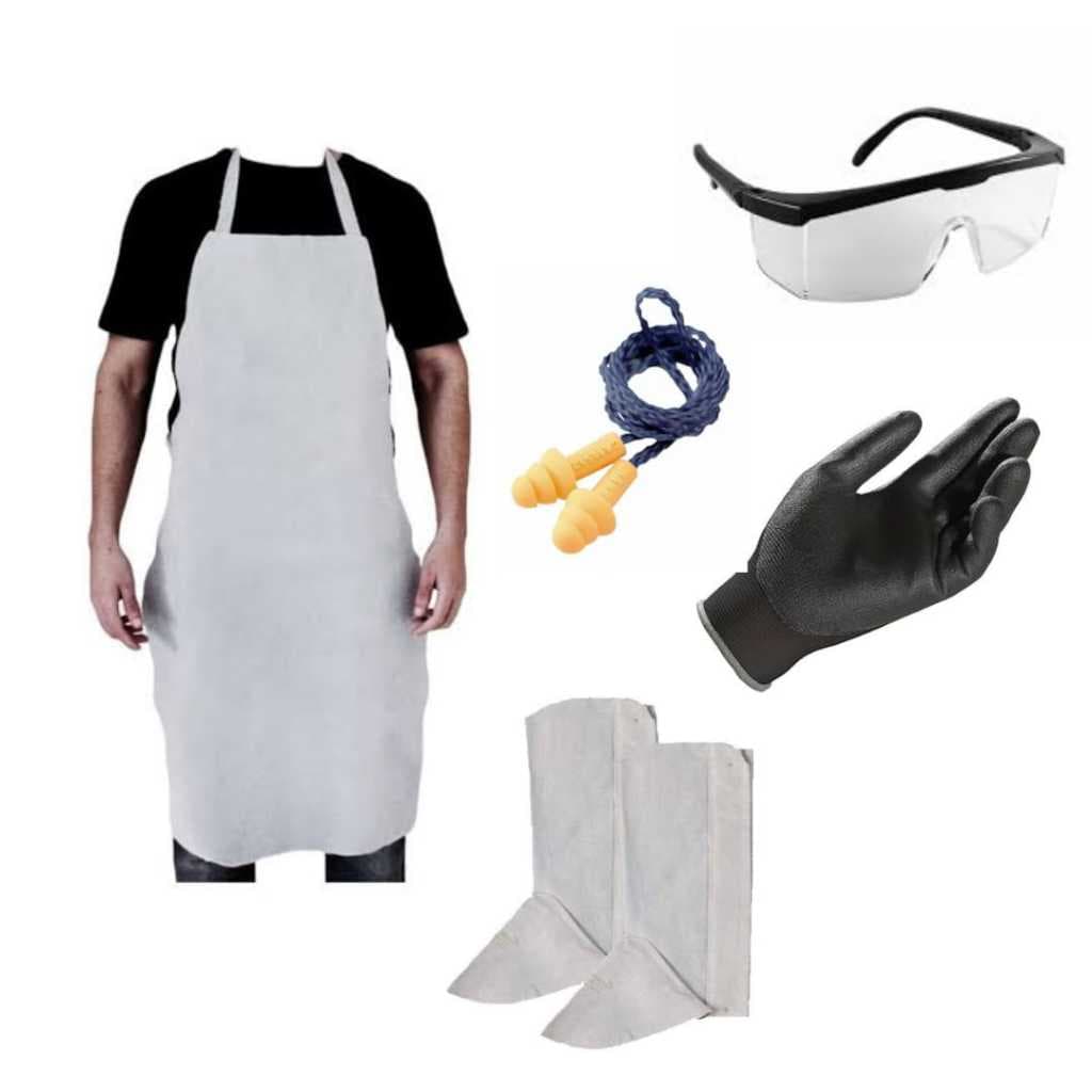 Kit Jardineiro, Roçador Avental, Perneira Raspa, Luva Pu, Protetor Auricular, Óculos de Proteção
