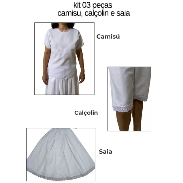 Saia, Camisu e Calçolu para Umbanda e Candomblé Kit 3 peças roupa de ração feminino