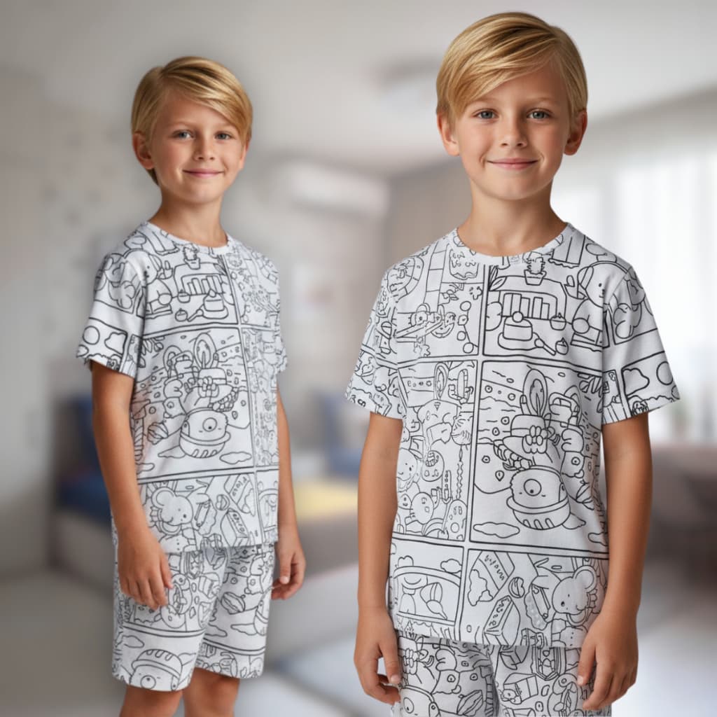 Pijama Infantil Masculino Meia Manga Para Colorir Lavável