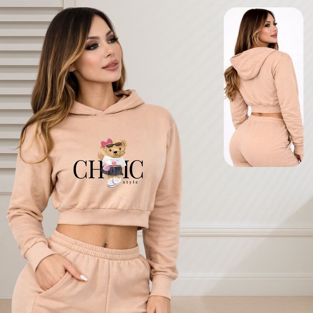 Blusa de Frio Cropped Feminina Moletom com Capuz Ursinha Chic