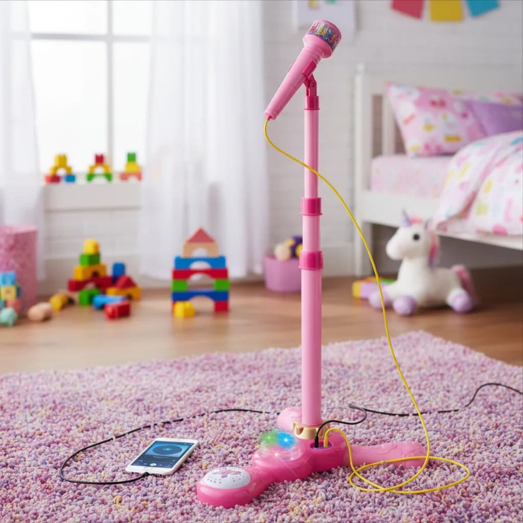 Microfone Infantil Rosa com Pedestal, Luz Colorida, Som e Alto Falante para Crianças