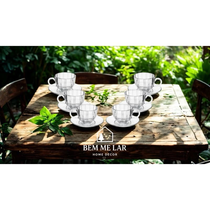 Jogo 6 Xícaras de Café em Vidro com Pires | Conjunto Xícara Café Vidro Transparente Elegante