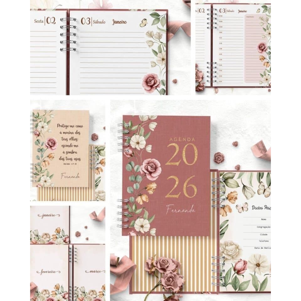 Agenda Média 2026 Personalizada com Capa Dura, Elástico, Bolsinho e Caneta