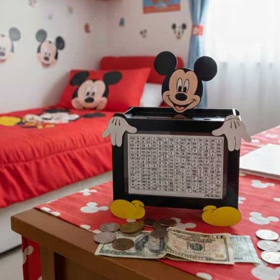 Caixa Cofre Mickey e Minnie Desafio 10.000 5.000 1.000, Cofrinho Método Japonês Poupança Mdf