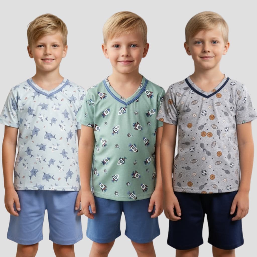 Pijama Infantil Masculino Meia Manga Verão Curto Estampado Confortável Menino Personagem
