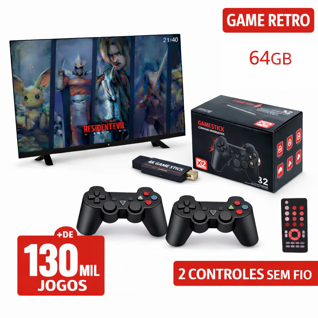 Game Stick X2 Black OS 4.8 +130 Mil Jogos + 2 Controles Sem Fio