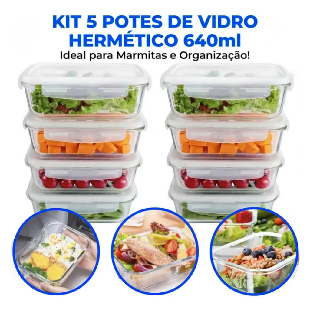 Kit 5 Pote de Vidro Hermético Marmita Tampa 4 Travas 640ml Livre de Bpa