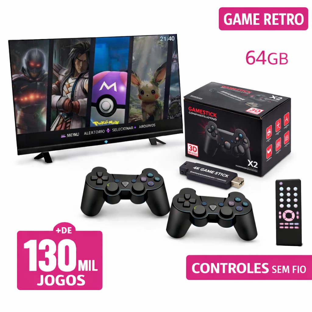 Video Game Stick X2 Black OS 4.8  Mil Jogos + 2 Controles Sem Fio