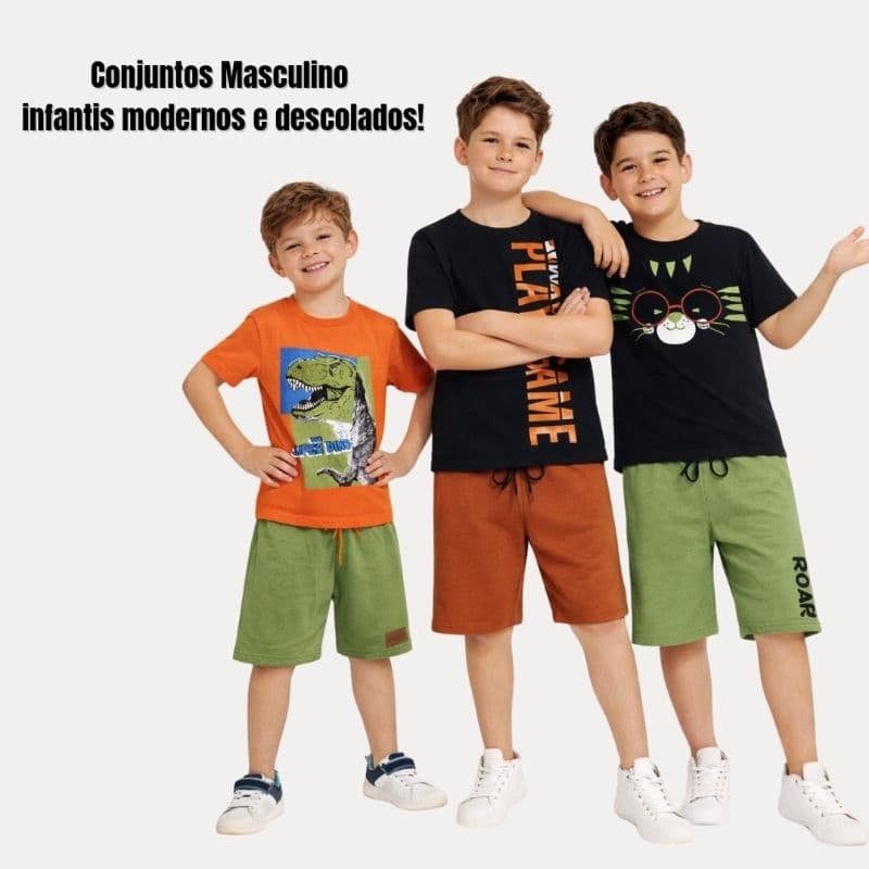 Kit 6 Peças de Roupa Menino Verão - Conjunto Infantil Masculino - 3 Camisetas e 3 Bermudas
