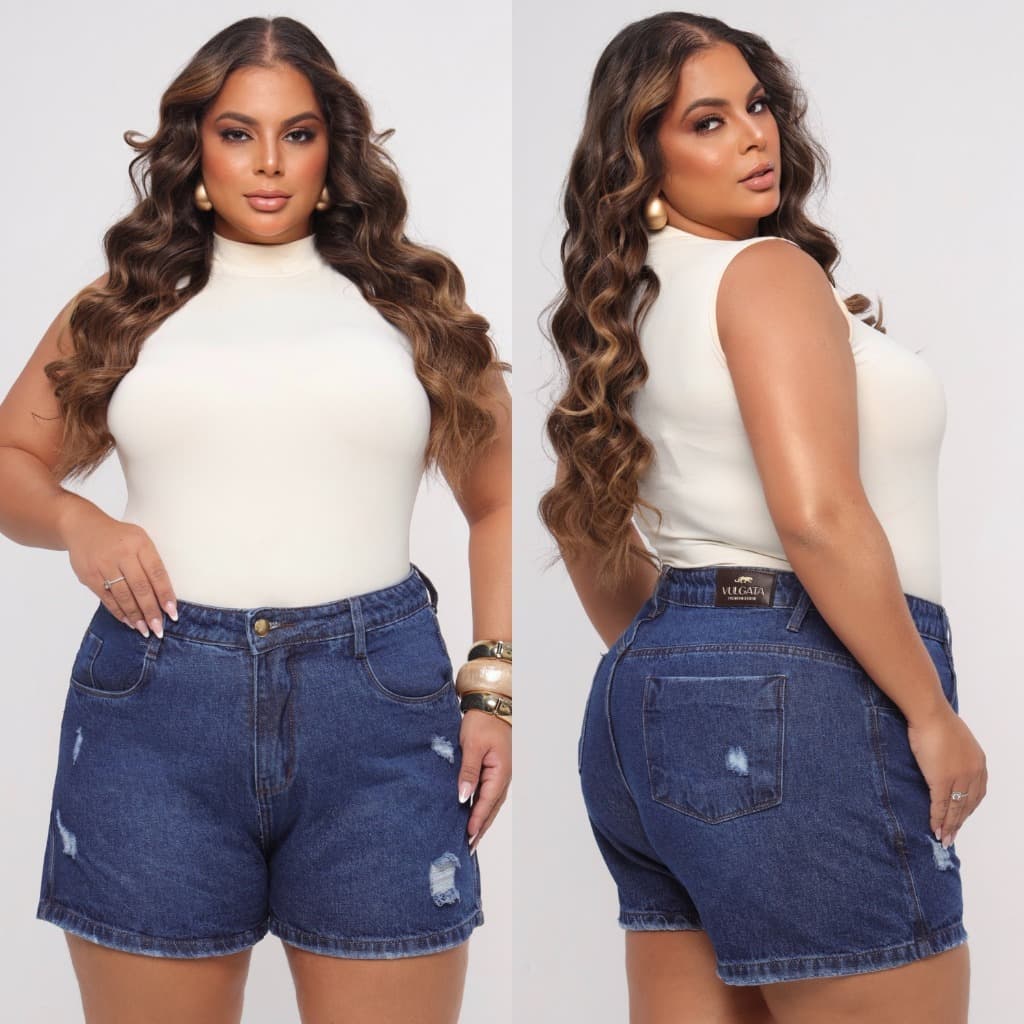 Shorts Escuro Plus Size Feminino Jeans Cintura Alta 100% Algodão Short Levanta e Empina Bumbum