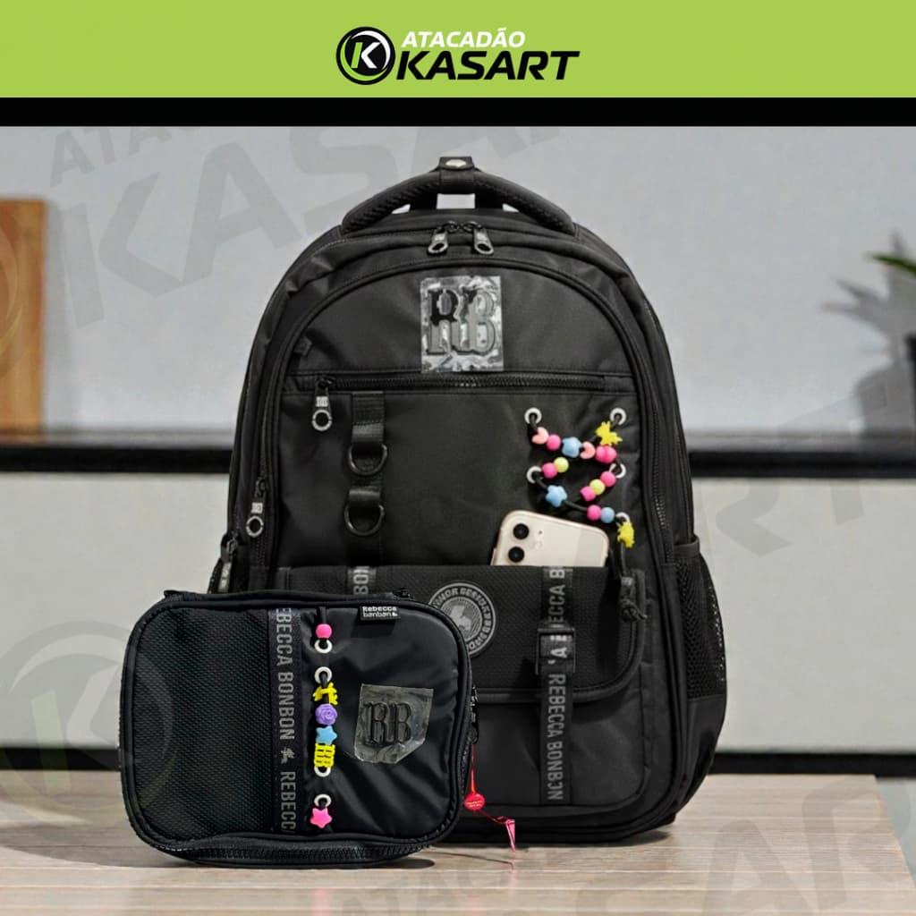 Mochila Rebeca Bonbon | Escolar Preta Com Estojo | Infantil Feminina | Material Escolar