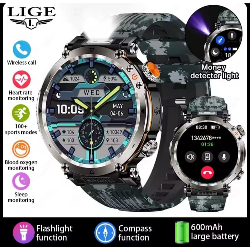 Relogio Inteligente Tela IPS HD IP68 Lanterna Bússola Chamada BT