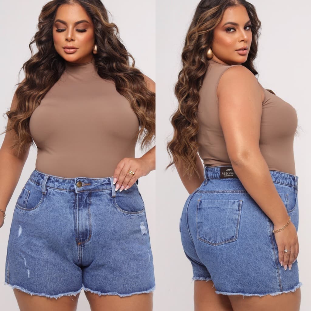 Shorts Plus Size Feminino Jeans Cintura Alta 100% Algodão Short Levanta e Empina Bumbum