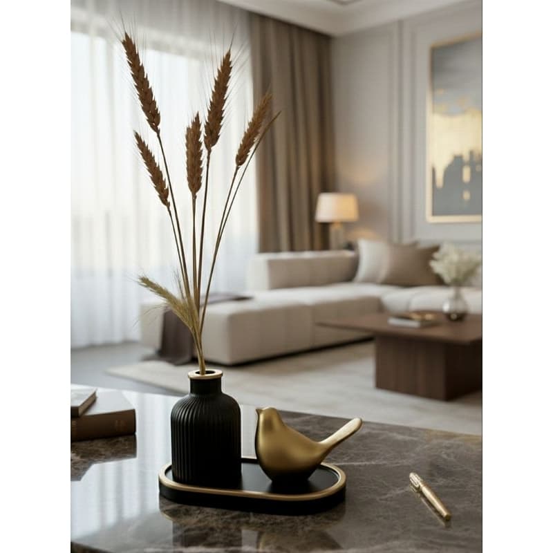 ​Conjunto Decorativo Minimalista Black Gold – Escultura Pássaro da Paz Dourado + Vaso Nervurado Enfeite Sala