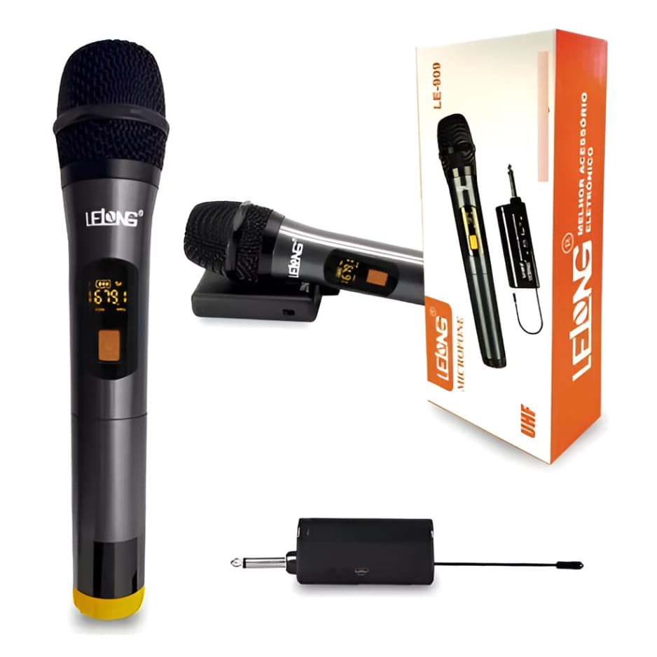 Microfone Digital Profissional Sem Fio Wireless Com Receptor Dinâmico Sem Ruído Lelong LE-909