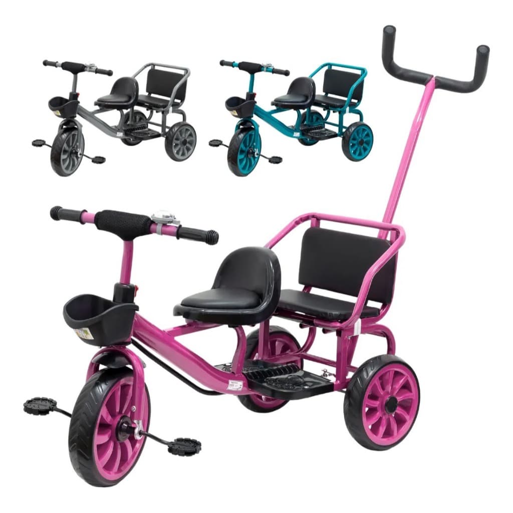 Triciclo Infantil Duplo 2lugares Empurrador Carrinho Passeio